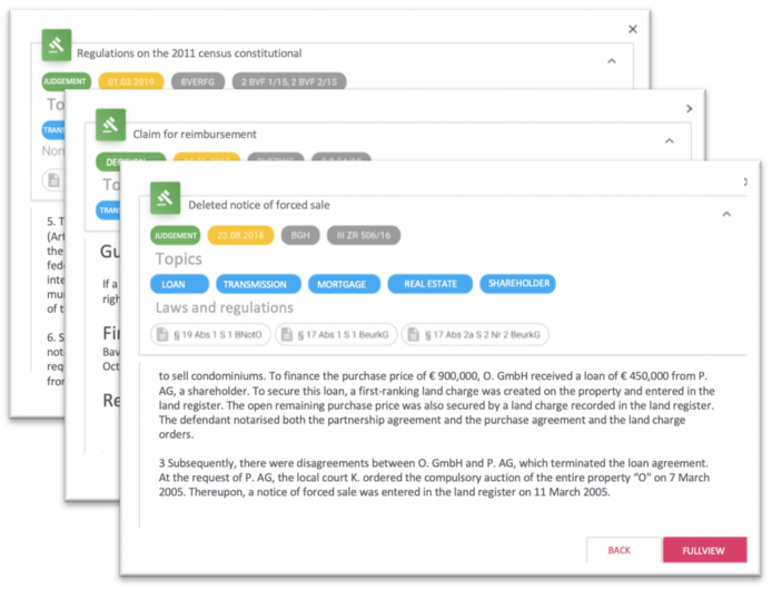 Text and topic identification: here, texts have been recognized as judgments and decisions, topics classified, and legislative bodies identified